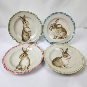 Set of 4 222 Fifth Bunny Land Lunch Plates 8.5" Spring Easter Rabbits NWOT Cute